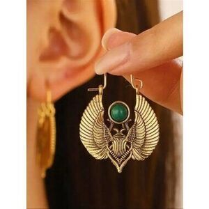 GREEN?ONYX BRASS SCARAB EARRINGS - EGYPTIAN RALISMAN INSECT JEWELRY